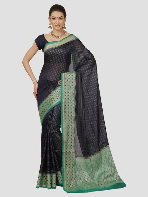 Banarasi Silk Works Navy Cotton Striped Saree With Unstitched Blouse Price in India