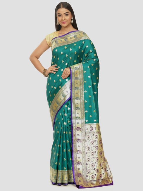 Banarasi Silk Works Green Woven Saree With Unstitched Blouse Price in India