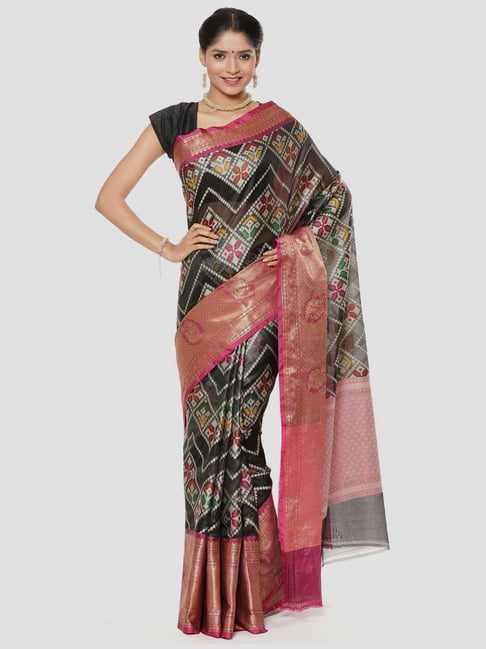 Banarasi Silk Works Black Woven Saree With Unstitched Blouse Price in India