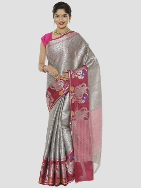 Banarasi Silk Works Grey Woven Saree With Unstitched Blouse Price in India
