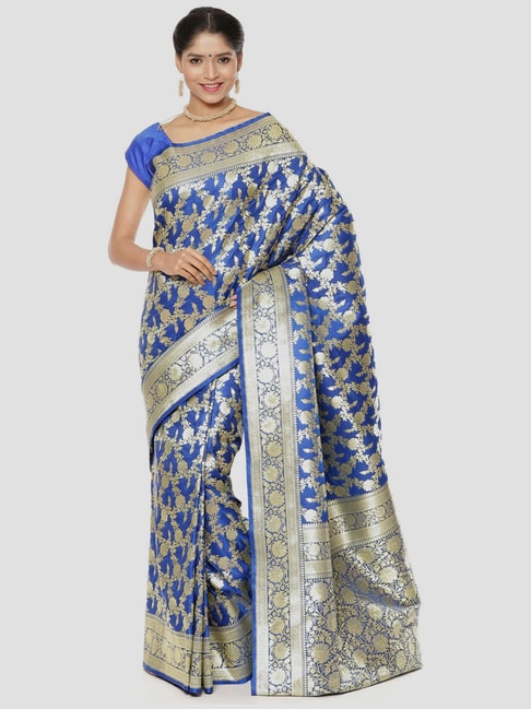 Banarasi Silk Works Blue Woven Saree With Unstitched Blouse Price in India
