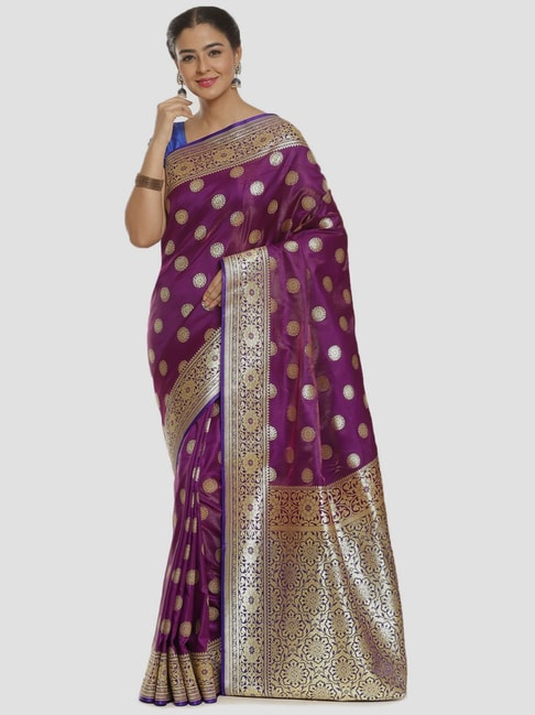 Banarasi Silk Works Purple Woven Saree With Unstitched Blouse Price in India
