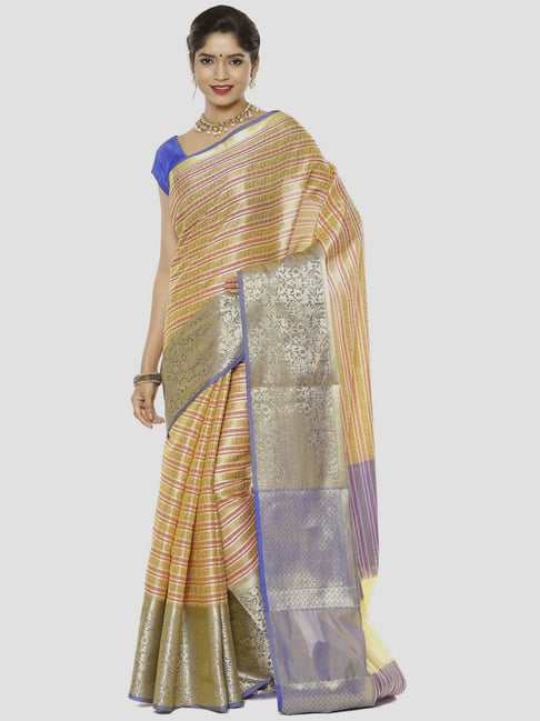 Banarasi Silk Works Yellow & Peach Woven Saree With Unstitched Blouse Price in India