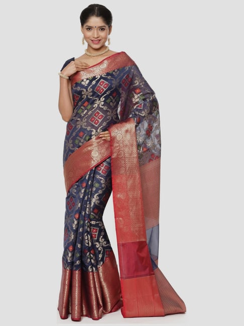 Banarasi Silk Works Navy Woven Saree With Unstitched Blouse Price in India