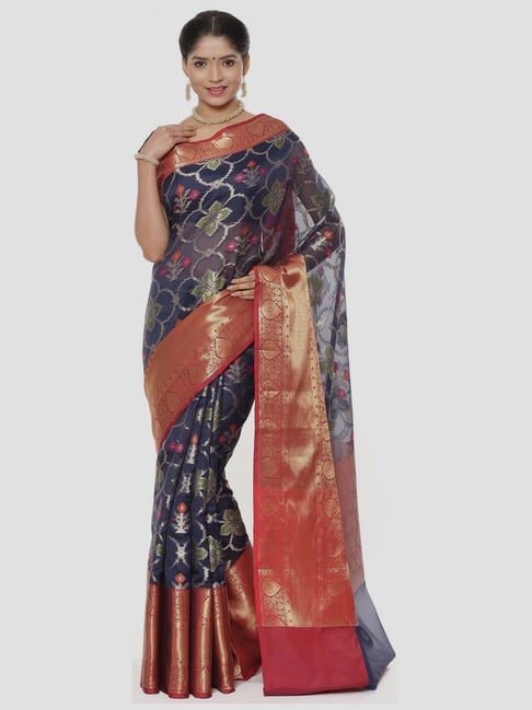 Banarasi Silk Works Navy Woven Saree With Unstitched Blouse Price in India