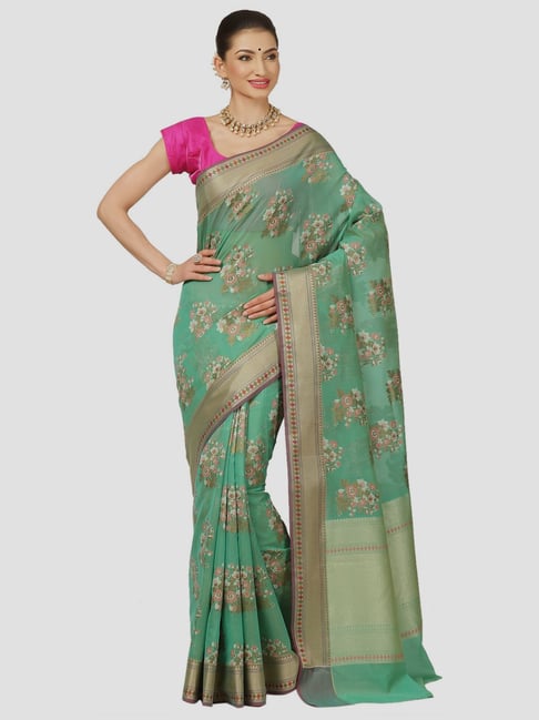 Banarasi Silk Works Green Cotton Woven Saree With Unstitched Blouse Price in India
