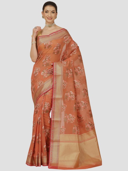 Banarasi Silk Works Peach Cotton Woven Saree With Unstitched Blouse Price in India