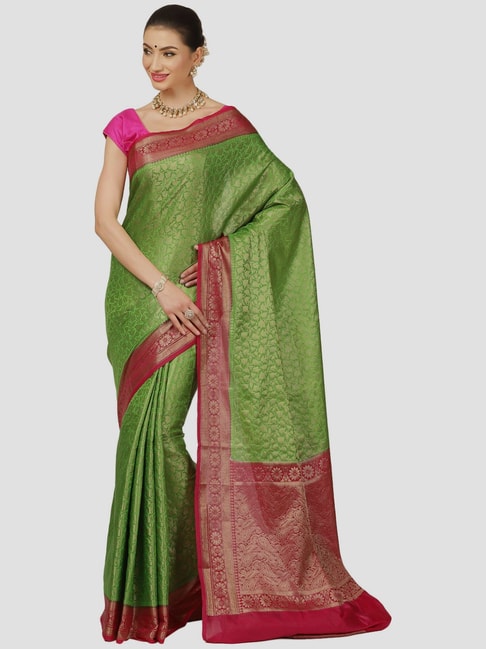 Banarasi Silk Works Green Cotton Woven Saree With Unstitched Blouse Price in India