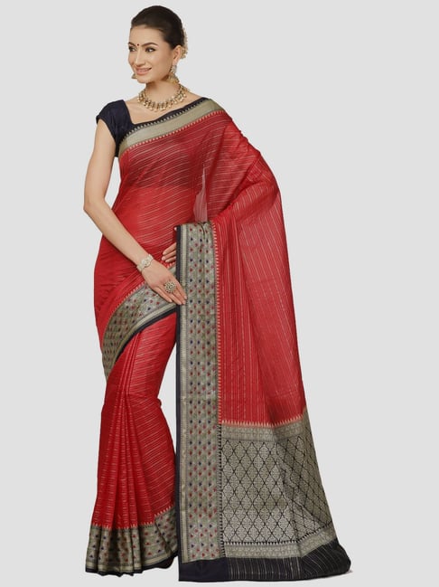 Banarasi Silk Works Red Cotton Striped Saree With Unstitched Blouse Price in India