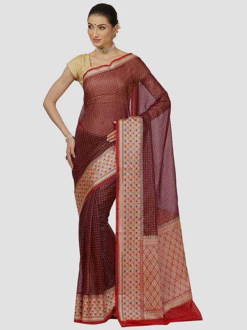 Banarasi Silk Works Maroon Cotton Chequered Saree With Unstitched Blouse Price in India