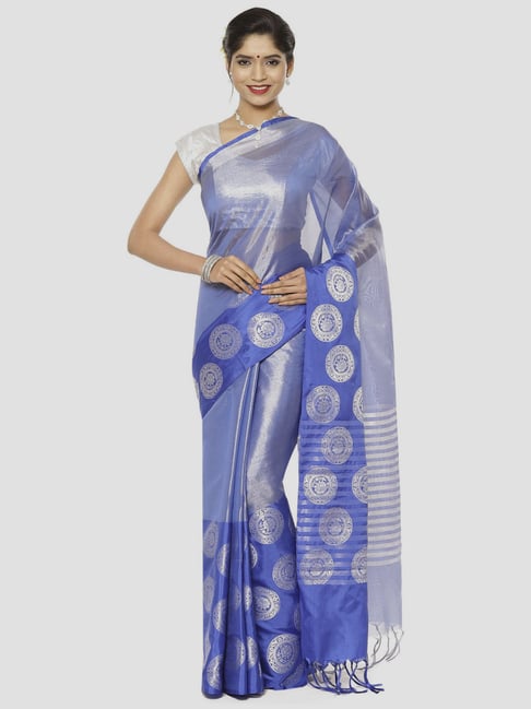 Banarasi Silk Works Blue Woven Saree With Unstitched Blouse Price in India
