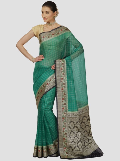Banarasi Silk Works Green Cotton Chequered Saree With Unstitched Blouse Price in India