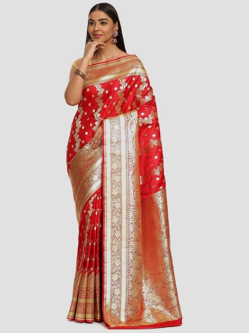 Banarasi Silk Works Red Woven Saree With Unstitched Blouse Price in India