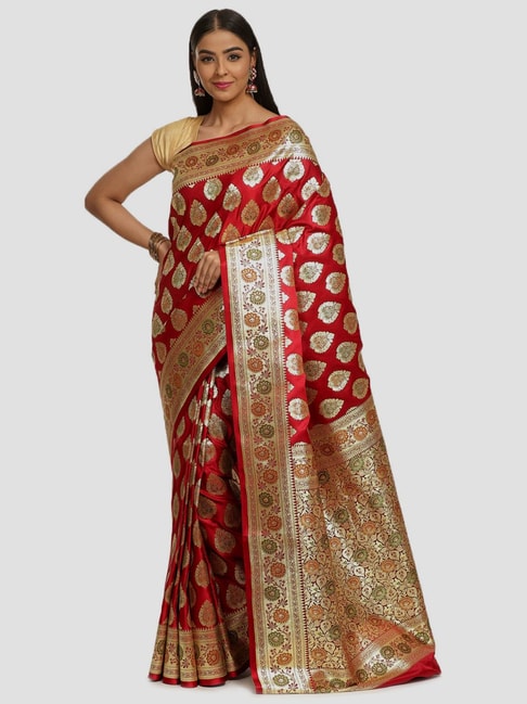 Banarasi Silk Works Maroon Woven Saree With Unstitched Blouse Price in India