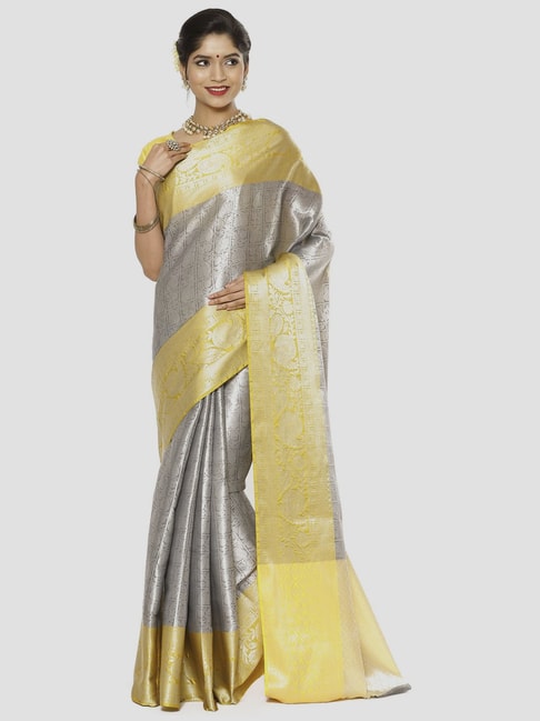 Banarasi Silk Works Grey & Yellow Woven Saree With Unstitched Blouse Price in India