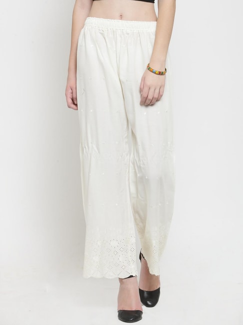 Clora Creation Off-White Embroidered Palazzos
