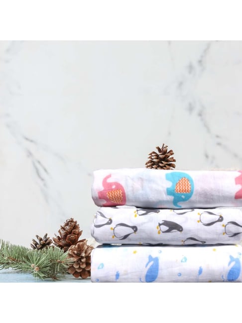 Elementary Animal Ride White Muslin Cotton Swaddle Wraps - Set of 3