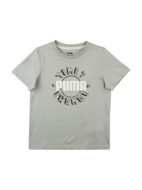 Puma Kids Aqua Grey Cotton Printed T-Shirt