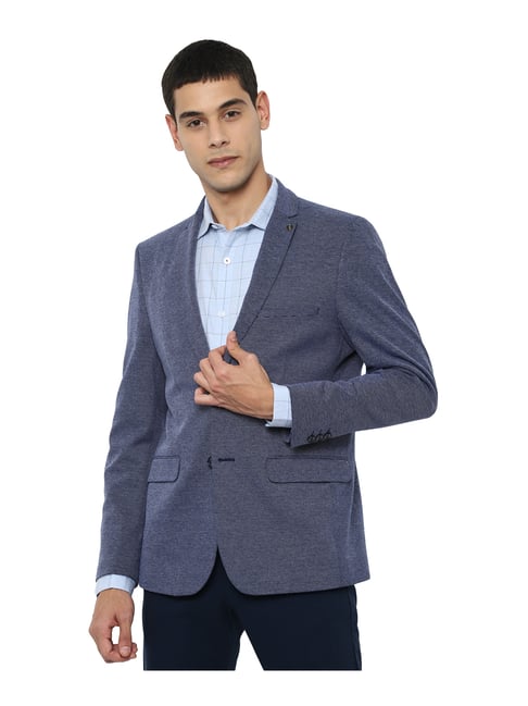 Allen Solly Blue Textured Full Sleeves Notched Lapel Blazer