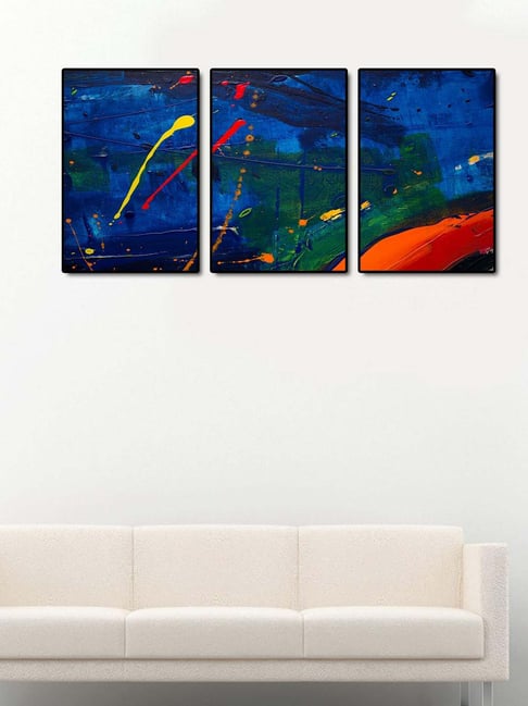 999store Blue & Red Printed Leaves Paintings - Set of 3-picture-46