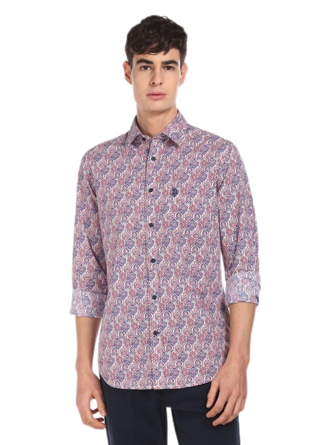 U S Polo Assn U.S. Polo Assn. Maroon And Blue Spread Collar Printed Casual Shirt - Flexi Collection