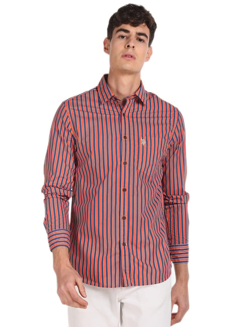 U S Polo Assn "U.S. Polo Assn. Orange And Blue Cotton Striped Casual Shirt - Flexi Collection"