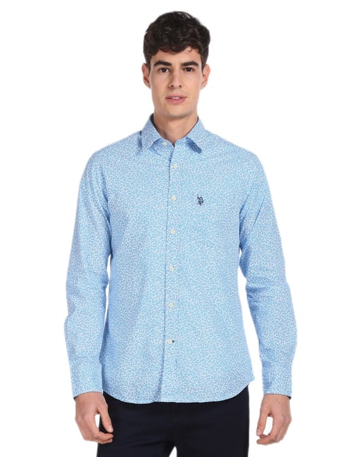 U S Polo Assn "U.S. Polo Assn. Light Blue Spread Collar Printed Casual Shirt - Flexi Collection"