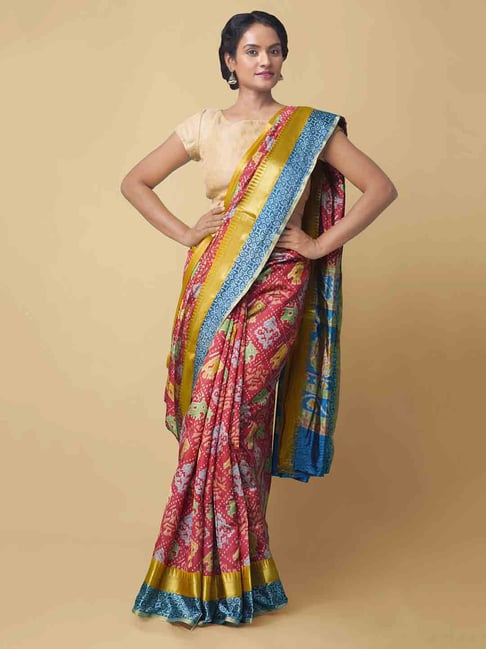 Unnati Silks Women's  Rajkot Patola Soft Silk Saree Price in India