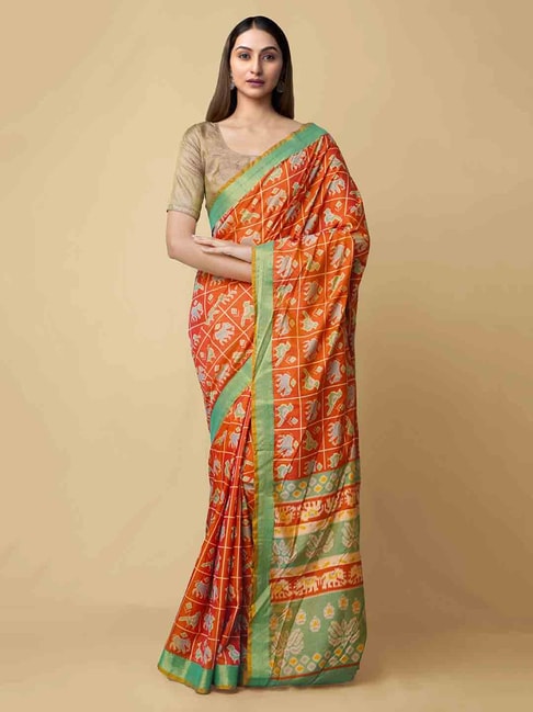 Unnati Silks Women's  Rajkot Patola Soft Silk Saree Price in India