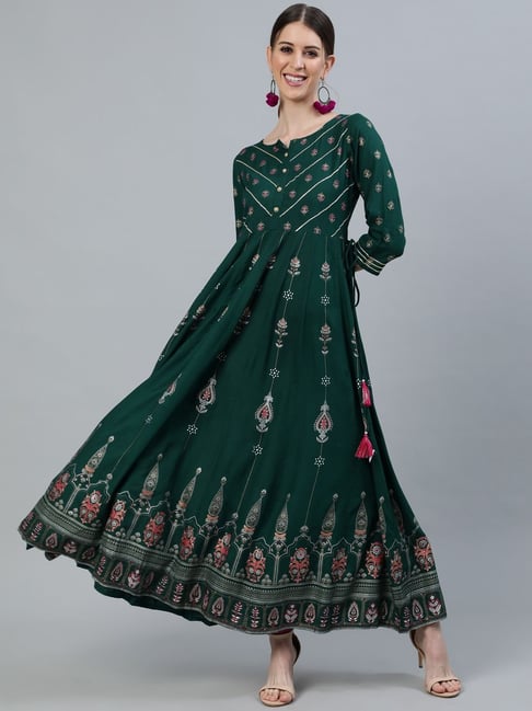 Jaipur Kurti Green Embellished Flared Kurta Price in India