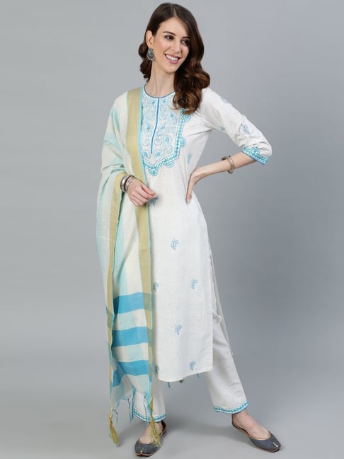 Buy Jaipur Kurti White Cotton Kurta Pant Set With Dupatta for Women Online  @ Tata CLiQ