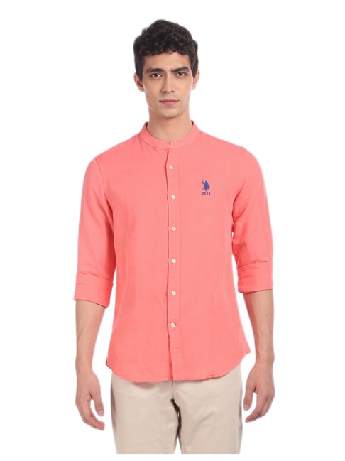 U S Polo Assn U.S. Polo Assn. Men Coral Pink Mandarin Collar Solid Casual Shirt