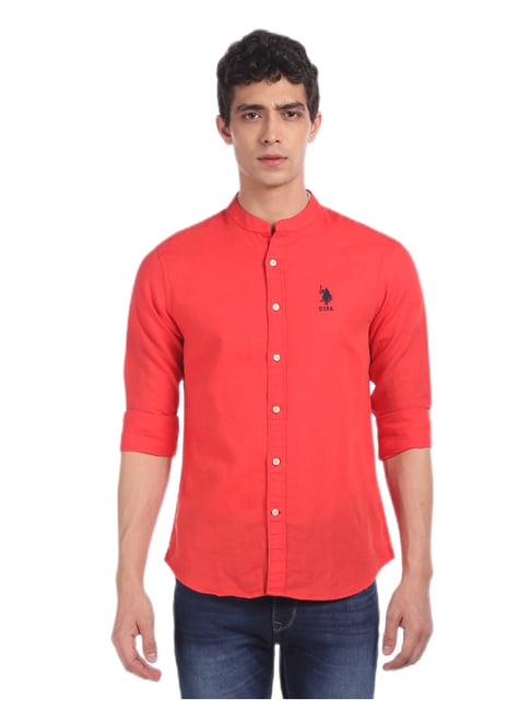 U S Polo Assn U.S. Polo Assn. Men Coral Red Mandarin Collar Solid Casual Shirt