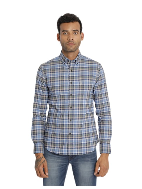 U S Polo Assn U.S. Polo Assn. Men Blue Button Down Collar Check Casual Shirt