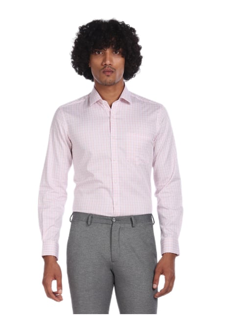 Arrow Men Light Red And White Slim Fit Check Formal Shirt