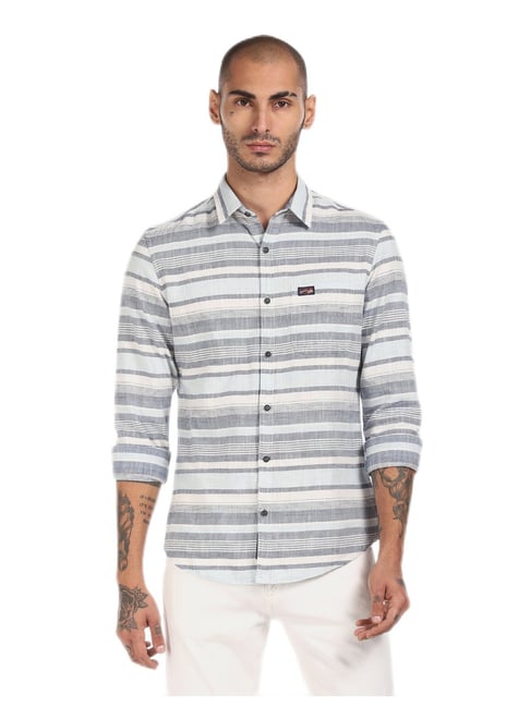 U S Polo Assn U.S. Polo Assn. Men Blue Cotton Striped Casual Shirt