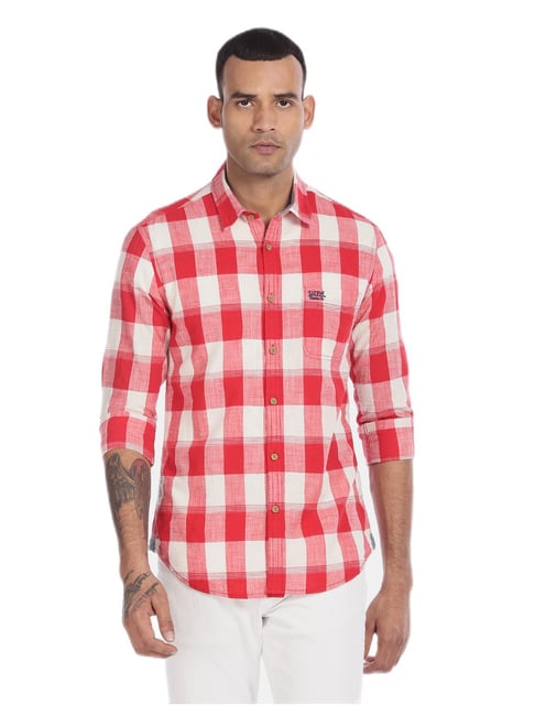 U S Polo Assn U.S. Polo Assn. Men Red Rounded Cuff Check Cotton Casual Shirt