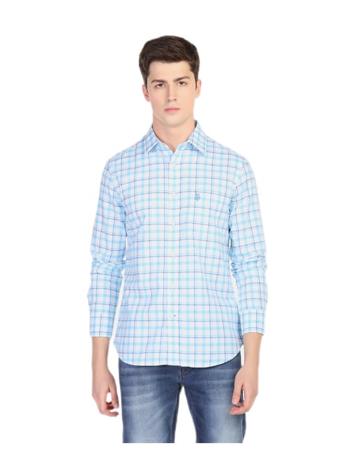 U S Polo Assn U.S. Polo Assn. Men Light Blue Spread Collar Checked Casual Shirt