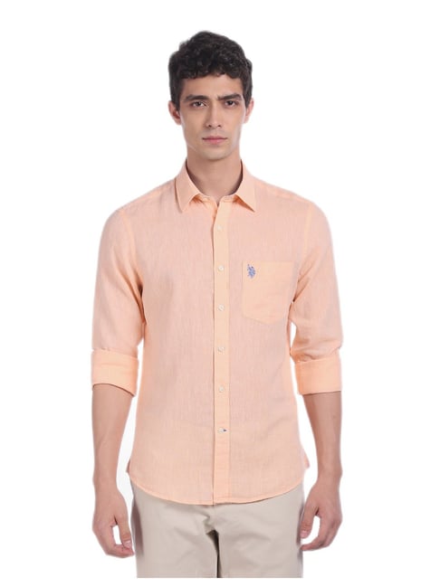 U S Polo Assn U.S. Polo Assn. Men Light Orange Rounded Cuff Solid Casual Shirt