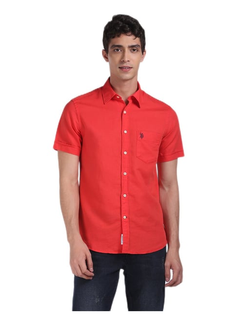 U S Polo Assn U.S. Polo Assn. Men Red Short Sleeve Solid Casual Shirt