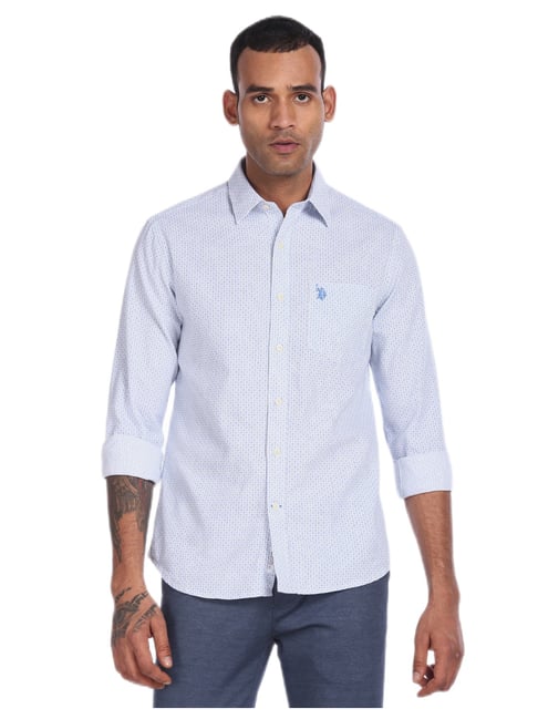 U S Polo Assn U.S. Polo Assn. Men Light Blue Spread Collar Printed Casual Shirt