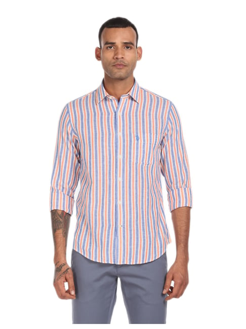 U S Polo Assn U.S. Polo Assn. Men Orange And Blue Stripe Casual Shirt