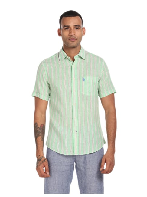 U S Polo Assn U.S. Polo Assn. Men Light Green Short Sleeve Stripe Casual Shirt