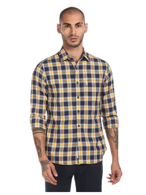 Buy Men Yellow and Navy Spread Collar Check Casual Shirt for Men's Online @  Tata CLiQ