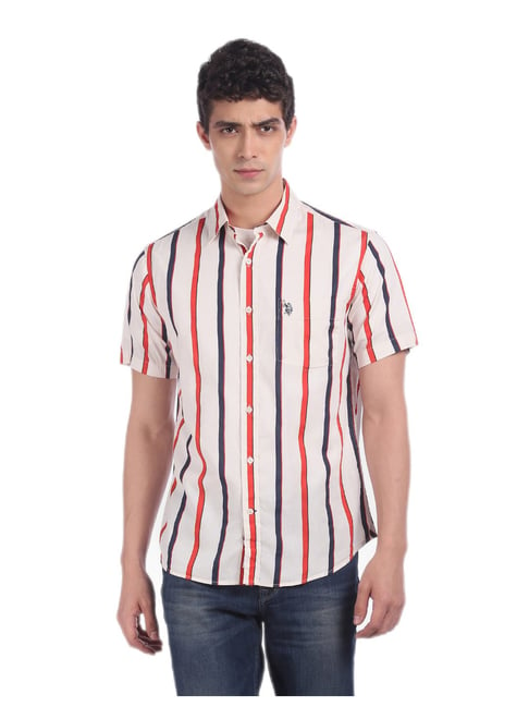 U S Polo Assn U.S. Polo Assn. Men Off-White Short Sleeve Stripe Casual Shirt