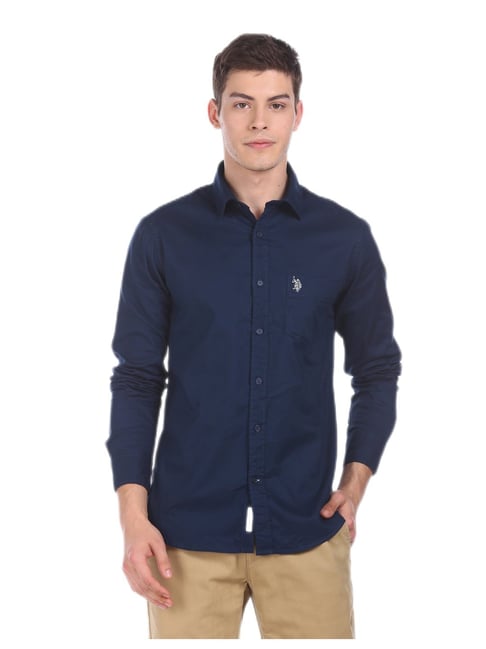 Buy Polo Men Navy Spread Collar Solid Casual Shirt from