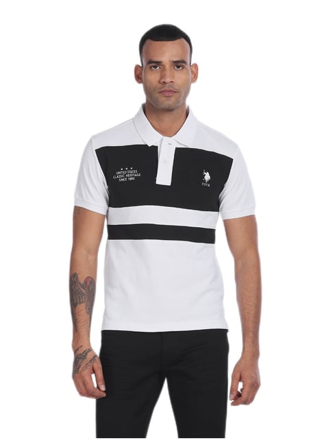 U S Polo Assn U.S. Polo Assn. White Ribbed Collar Cotton Striped Polo Shirt