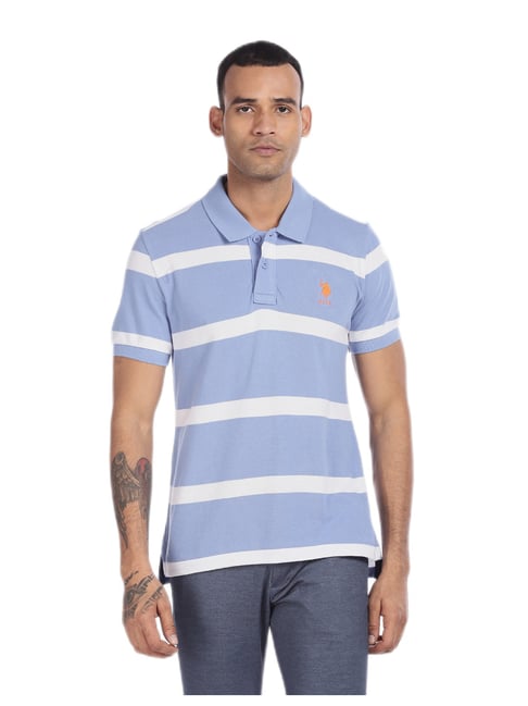 Buy Polo Light Blue Cotton Stripe Pique Polo Shirt for