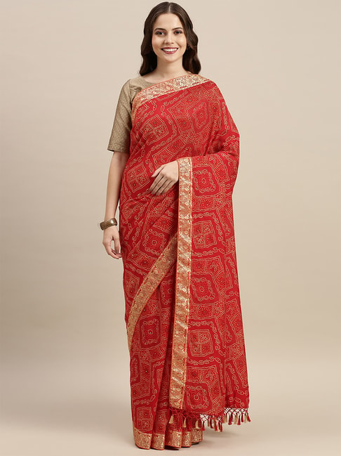 Soch Red Printed Saree with Unstitched Blouse Price in India