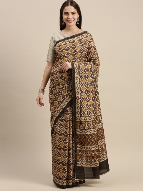 Soch Brown & Mustard Printed Saree with Unstitched Blouse Price in India